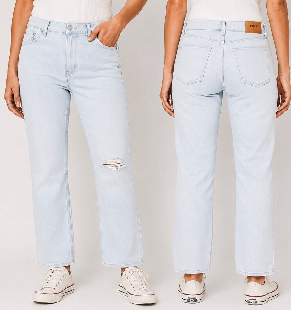 Edwin Cai High Rise Straight Jeans Light Wash Distressed NWT Sz 26